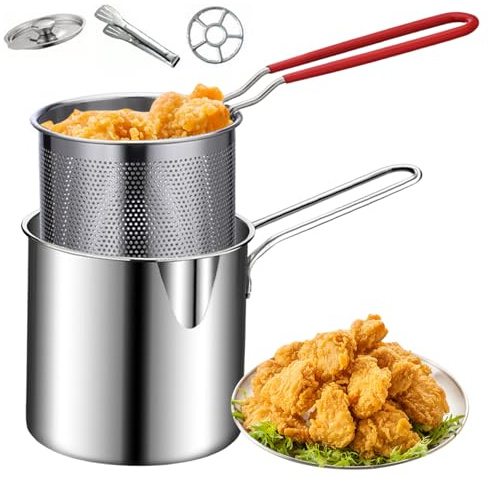 CNAFGBGG Mini fritös, djup fritös i rostfritt stål med anti-skållningshandtag, panna med korg, mini för Tempura-chips, pommes frites, fisk och kyckling