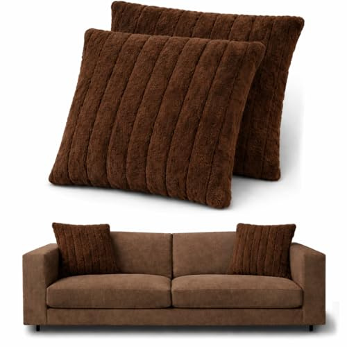 HAND Coppia Cuscini Decorativi Divano 45x45 cm, Velluto Effetto Pelliccia, Sfoderabili con Cerniera Invisibile, Cuscini Arredo Eleganti, Federa e Imbottura inclusa, ALTA QUALITA (Marrone, Set da 2)
