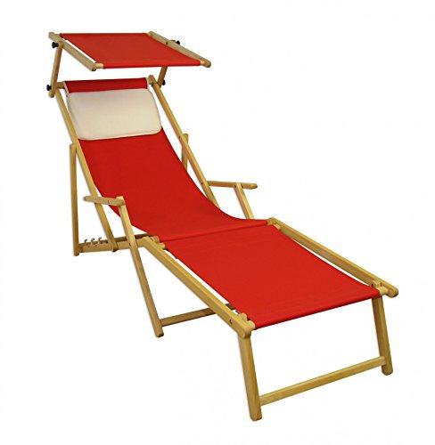 Lungo Sdraio Rosso in Faggio con braccioli poggiapiedi Parasole Cuscino Beige 10-308NFSKH