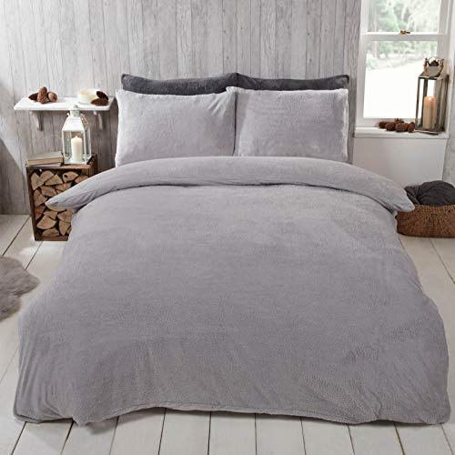 Brentfords Silver Grey Superking Duvet Sets, Teddy Fleece Duvet Set Super King Size with Pillowcases Christmas Bedding Ultra Soft Warm Comfy Cosy Quilt Covers