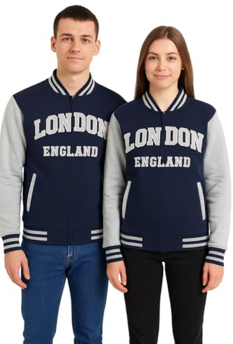 Chaqueta de béisbol universitaria unisex GWCC London England – Azul marino y gris | Parche bordado de London England y Union Jack | Chaqueta bomber casual para hombres y mujeres, Navy Gris, XS