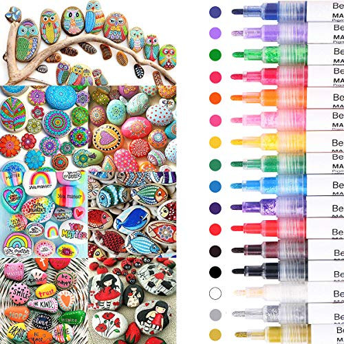 Beager Acrylstifte für Steine, 16 Farben Wasserfest Permanent Marker Steine Bemalen Stifte Acrylfarben Stifte für Leinwand Leder Papier Glas Holz Kunststoff Keramik Metall Kinder DIY Fotoalbum
