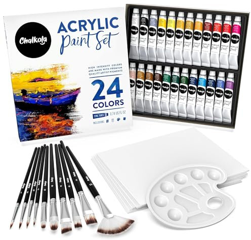 Chalkola Juego de pintura acrílica para adultos, niños y artistas, kit de 40 piezas de pintura acrílica, con 24 pinturas acrílicas (22 ml), 10 pinceles de pintura, 5 lienzo (8 x 10) y 1 paleta