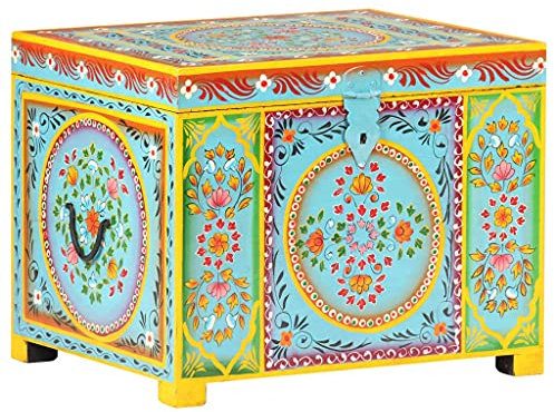vidaXL Caja Almacenaje Pintada a Mano Baúl Cofre de Almacenamiento Decoración Hogar Casa Habitación Dormitorio Interior Exterior Madera Maciza Mango