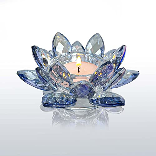 Kolnlala Portacandele in cristallo a forma di fiore di loto/portacandele in vetro, decorazione per Natale, casa, festa di nozze (blu, 1 pezzo)