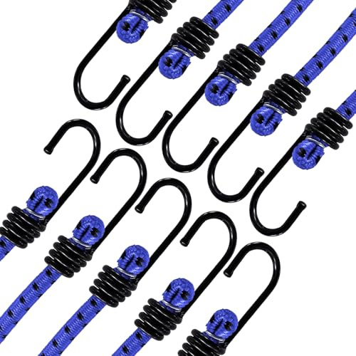 ANSIO Bungee Cords with Hooks 24 (60cm), Pack of 10 Bungee Straps - Blue | UV-Resistant & Ideal for Securing Luggage, Racks, Camps, Motorcycles, Tarps, Garden Furniture & DIY Storage