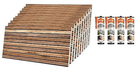 IZODEKOR Wandverkleidung Holz Styropor 3D Wandpaneele - Akustikpaneele Holzoptik Wanddeko für Küche, Badezimmer, Balkon, Schlafzimmer, Wohnzimmer | Dunkles Holz | 10x Paneele mit 4x Montagekleber