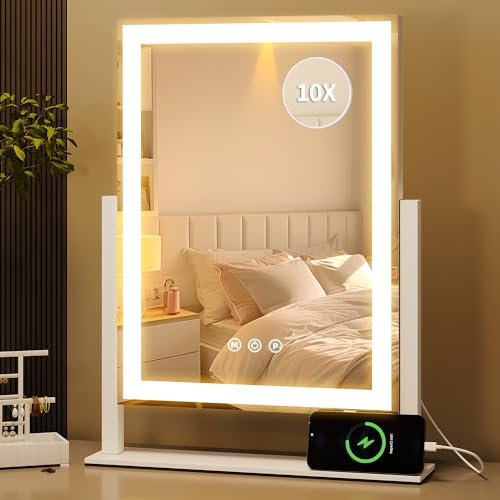 YITAHOME Specchio cosmetico con luci, specchio per il trucco con porta di uscita USB, 3 modalità di illuminazione, specchio da tavolo con luci, controllo touch screen, da tavolo e da parete, per