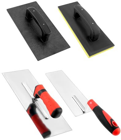 QWORK® Set de 4 piezas para trabajos de enlucido, llana de plástico para hormigón, llana de enlucido de acero inoxidable, llana de alisado de acero inoxidable 300x120 mm y llana de goma esponjosa
