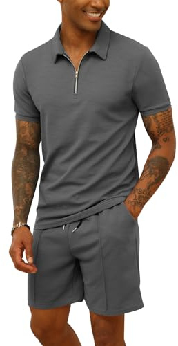 CTU Tuta da uomo, polo e pantaloncini, 2 pezzi, abbigliamento estivo, tuta sportiva, Grigio, L