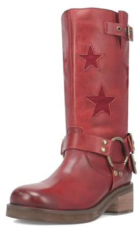 Goolita Women's Buckle Biker Knee High Boots Square Toe Chunky Heel Star Moto Mid Calf Boots Slip On Motorcycle Riding Boot