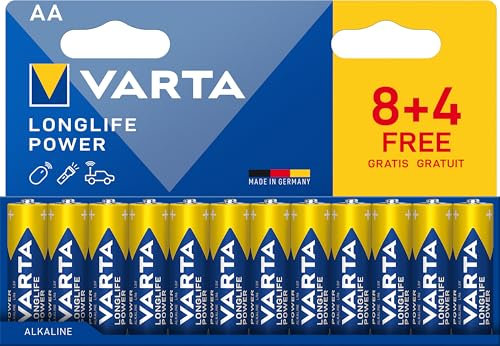 VARTA Batterien AA, 8+4 (12 Stück), Longlife Power, Alkaline, 1,5V, ideal für Spielzeug, Funkmaus, Taschenlampen, Verpackung zu 90% recycelt, Made in Germany