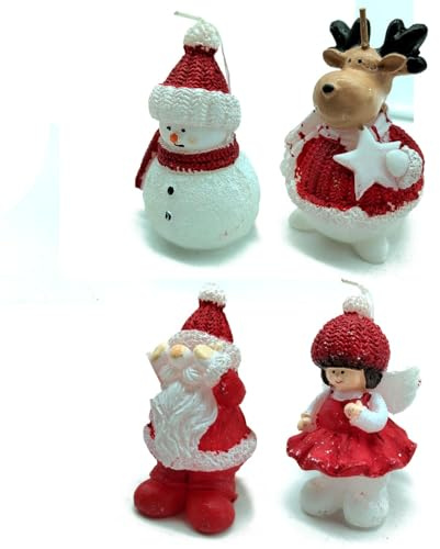 Acan Tradineur - Pack de 4 Velas con Forma de Figuras Navideñas - Papá Noel, Reno, Muñeco de Nieve y Angel - Artículo Decorativo para Navidad - Ø 5 x 8,5 cm - Modelo Aleatorio