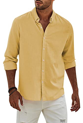Elegancity Camisa de Lino Manga Larga para Hombre Camisas Informales de Verano Camisa Suelta de Ocio de Color Sólido con Botónes Top