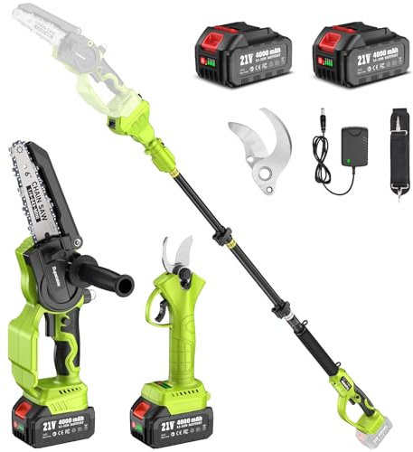 Supstable Mini Motosierra Telescopica 6 Pulgadas & Tijeras de Podar Eléctricas 33mm, 4 en 1 Kit de Herramientas con 8000 mAh Baterías, Alcance hasta 4,8 m, Tensión y Cambio de Cadena sin Herramientas
