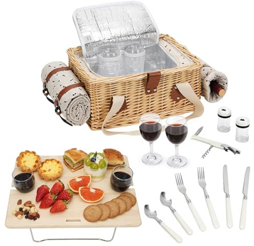 Picknickkorb-Set mit Mini-Klapptisch und Besteck-Set, Picknickkorb für 2 Personen mit kühltaschen, Flechtkorb mit Henkel, Weidenkorb Geschenkset für Picknick Camping Outdoor Party (Kirsche)
