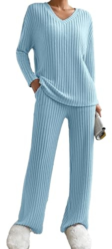 JENJON Dam Overall 2-delat set långärmad tröja bekväma raka byxor med V-ringning jumpsuit höst vinter, Blå, S