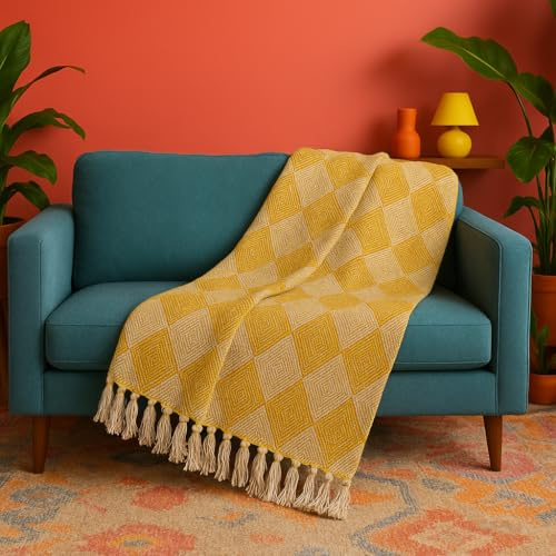 AKSHIDE Throw Blanket For Sofas Bed Small,Medium,Large,Extra Large Recycled Cotton Throws For Settees (Beige-Yellow 50 x 60 (125 Cm x 150 Cm))