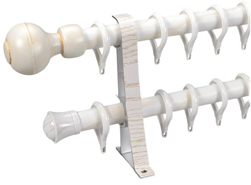 Bastone per tende resistente da 100 a 320 cm con terminali a sfera in legno massello, asta per tendaggi in metallo resistente, finitura con venature del legno, bianco, lunghezza 120 cm