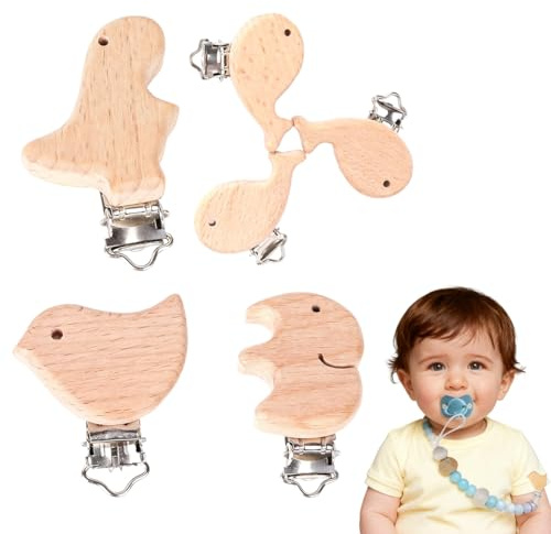 UIEXAY Clip Portaciuccio, Clip Ciuccio Legno Clip, Porta Ciuccio Legno, 4 Pezzi Clip Ciuccio In Legno, Clip Ciuccio Legno Di Bambino, Clip Porta Ciuccio Legno Dentizione(B)