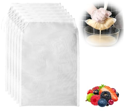 6 sacchetti per latte di noci biologici, lavabili, riutilizzabili, in nylon, per filtrare e formaggio, con coulisse, per filtro del succo, filtro e panno di garza, da cucina, filtro fine (20 x 30 cm)