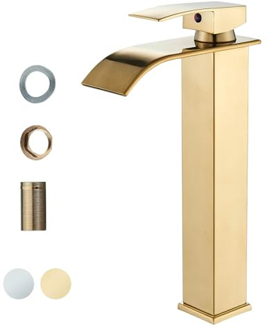 Onyzpily Basin Tap High Arc Tall Basin Mixer tap Commercial 1-Hole Brass Single Lever Deck Mounted,Gold Finish