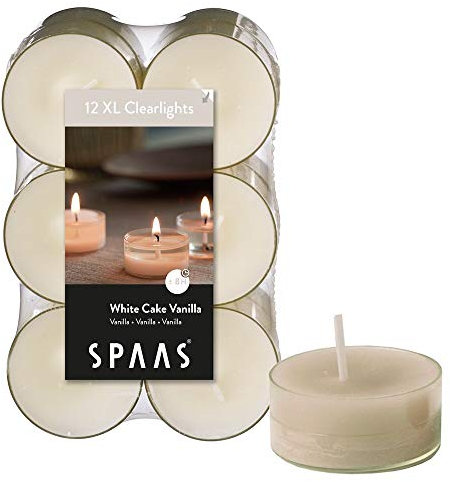 Spaas 12 Maxi Scented Tealights in Transparent Clear Cup, 8 Hours, White Cake Vanilla