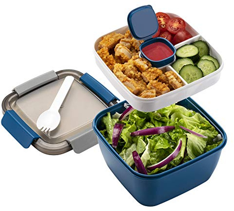 Freshmage Salad Lunch Container To Go, 52-oz Salad Bowls with 3 Compartments, Salad Dressings Container for Salad Toppings, Snacks, Men, Women (Blue)
