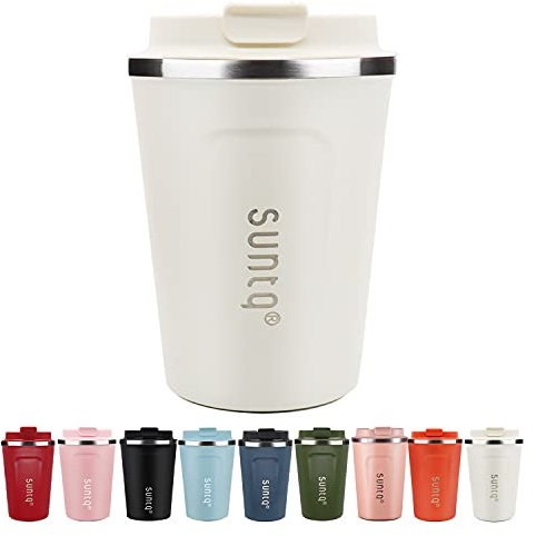 SUNTQ - Tazza per caffè da asporto, in acciaio inox, a prova di perdite, con coperchio, riutilizzabile, tazza termica da usare in viaggio, colore bianco crema, 380 ml