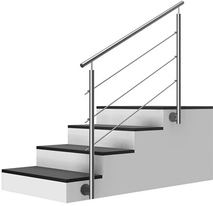 Edelstahl Treppengeländer Seitenmontage, 1m lang, 0,9m hoch, Außengeländer, je 2 Pfosten + 3 Querstreben + Handlauf mit Trägerplatten + Zubehör, Winkelverstellbar (L:1000mm H:900mm)