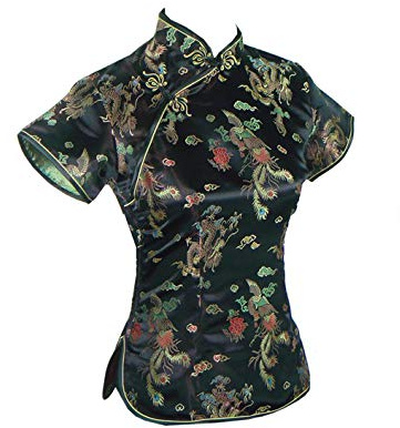 XueXian Dragon Phoenix Satin broccato Qipao Top coreano colletto cinese camicia camicetta Tang Suit, Nero , 50 Petite