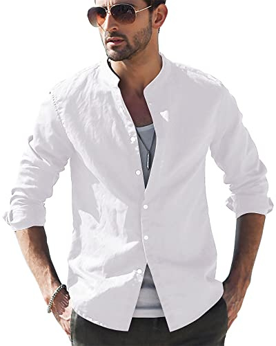 LVCBL Camisa de Lino Casual para Hombre Camisa Henley de Manga Larga con Cuello de Banda