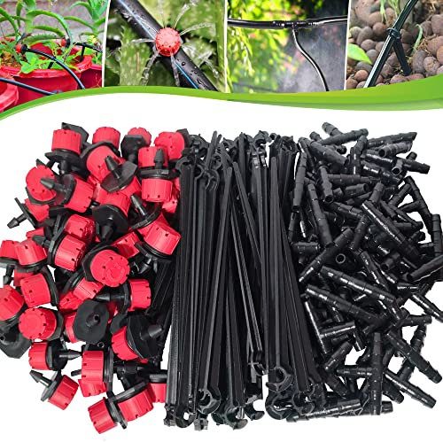 Aongray 300Pcs Automatic Drip Irrigation Kit Garden Watering System Adjustable Micro Irrigation Drippers, 3 Tee Pipes and Hose Support Stakes for 4/7mm Hose Irrigation System