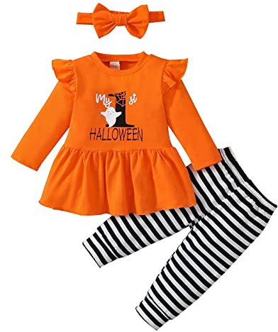 My First Halloween - Set di vestiti per Halloween, 3 pezzi, da bambina, maglia a maniche lunghe, fascia e pantaloni lunghi a tema zucca, Arancione 1., 80 (3-6 Monate)