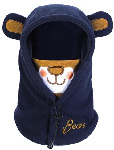 PHOGARY Schalmütze Schlupfmütze Kinder, Polar Fleece Wintermütze Jungen Niedliches Bärendesign, Balaclava Gesichtsmaske, Sturmhaube Kinder Kapuzenschal, 47cm-52cm Verstellbar （Blau）