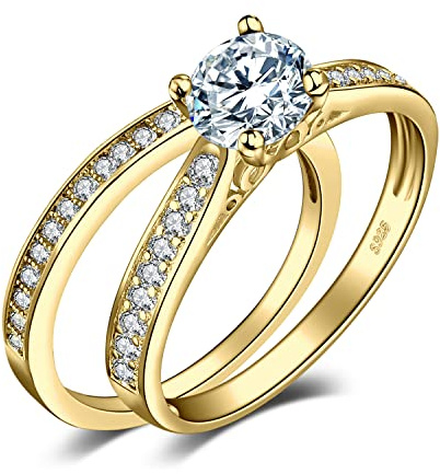 JewelryPalace Anillo Solitario Mujer Plata de Ley 925 Oro 14k, Compromiso 1ct Circonita Corte Redonda Diamante Simulado, Banda de Boda Media Eternidad Piedra, Promesa Conjunto Novia 11