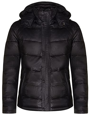 Men's Puffer Black Leather Quilted Warm Bomber Hooded Jacket M