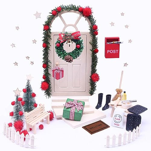 Miniatur Weihnachten Deko Weihnachtswichtel Komplettset Tür Zubehör für Puppenhaus Möbel mit Küchenzubehör Geschenk Rattan Rot Beere