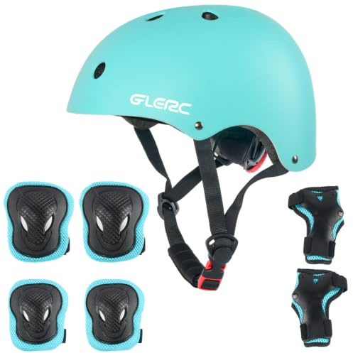 Glerc Set de protección infantil con casco para rodillas, codos y muñecas para niños y niñas de 3 a 8 años, protección ajustable para skateboard, patines, en color cian