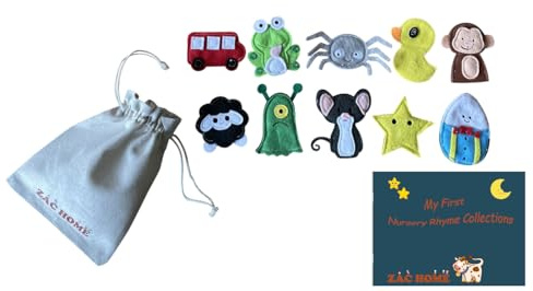 Nursery Rhyme Finger Puppet Set with a little cow hold all bag- Set of 10 including 10 Nursery Rhymes Lyris Collection