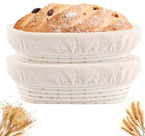 GBACHOOSE 2 Stück Gärkörbchen oval, Gärkörbchen Set, Gärkörbe mit Leinenauskleidung Ø25cm, Brotbackzubehör Gärform für Brot und Brotteig