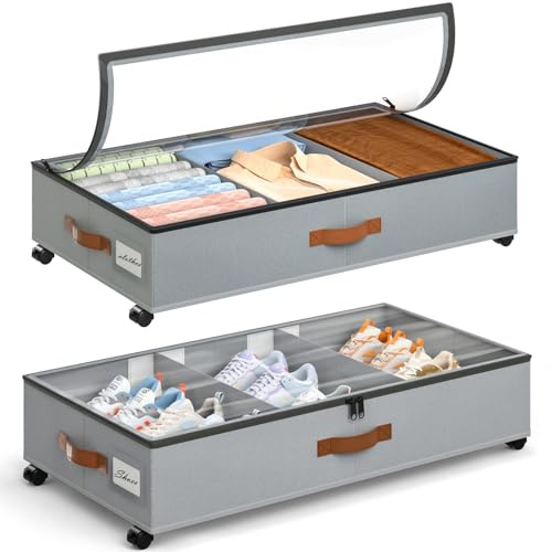 Yecaye Under Bed Storage with Wheels, 2 Pack Under Bed Storage Containers with Adjustable Dividers & Clear Window, Rolling Underbed Organizer Bins Drawers for Clothes, Shoes, Blankets, Grey