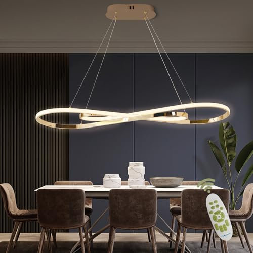 AHRHSM LED Pendelleuchte Esstisch, Moderne Linear Design Dimmbar Esstischlampe 57W, Esszimmerlampe Hängend mit Fernbedienung, Led Hängeleuchte Höhenverstellbar für Esstisch, Sekretariat, Küche (Gold)
