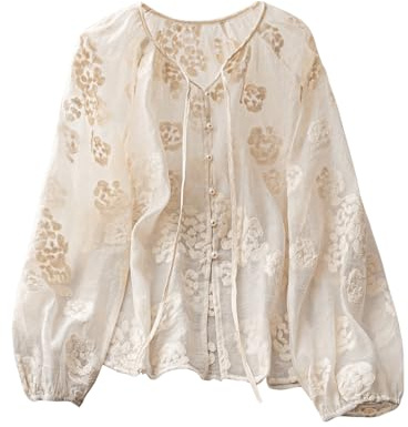 GORGLITTER Women's Boho Peasant Blouses Floral Embroidered Tops Summer Sheer Tie Front Flowy Long Sleeve Button Up Shirts Apricot Medium