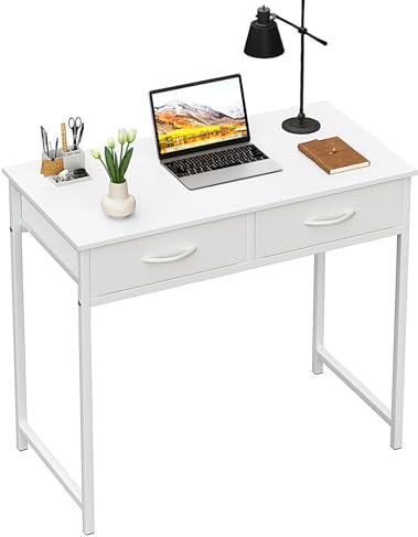 WOHOMO Small Computer Desk with Drawers, 31.5 Inch White Vanity Desk with Storage, Home Office Computer Desks for Small Spaces, Modern Work Writing Study Table, White