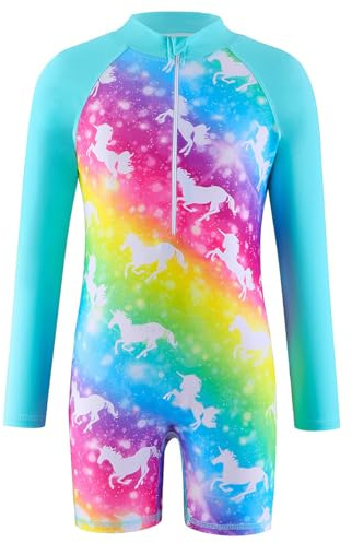 Atorcher Swimming Costume for Girls One Piece Swimsuit Rash Gurad Swimsuits Long Sleeve Swimwear Bathing Suit High Neck Swimwear (UK, Age, 7 Years, 8 Years, Regular, Cyan Unicorn)