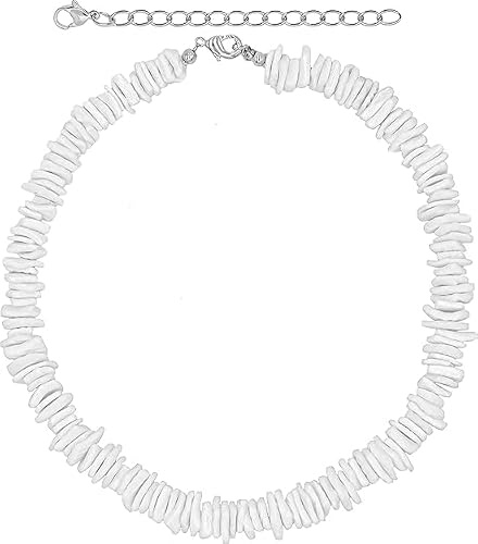 Theaque Collar de concha de puka blanca, collar hawaiano de conchas marinas para hombres, collares de playa para mujer, gargantilla de verano con cuentas de playa, joyería de surfista Heishi, talla