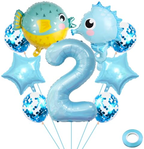 Liitata Seahorse - Ensemble de ballons gonflables en aluminium en forme de chiffre 2 - Bleu clair - Décoration de fête d'anniversaire pour garçon