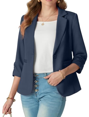 GRECERELLE Womens Blazer 3/4 Ruched Sleeves Ladies Formal Jackets Casual Elegant Work Blazers Office Outerwear for Women UK 8-20 with Buttons, Pockets