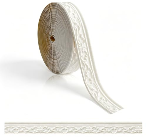 NCOALE Bordo autoadesivo bianco, 10 m x 8 cm x 5 mm, per carta da parati 3D, autoadesivo, tagliabile, per corridoi, soffitti, angoli, decorazione per la casa